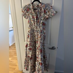 Anthropologie Cream Maxi Dress with Red and Blue Floral Tile Print